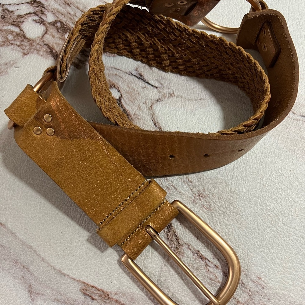 Linea Pelle LP050964 Bronze Metallic Woven Brass Buckle Leather Belt M.